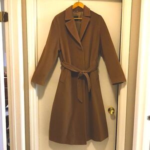 Classic Pure wool wrap coat, maxi length. Dark tan.